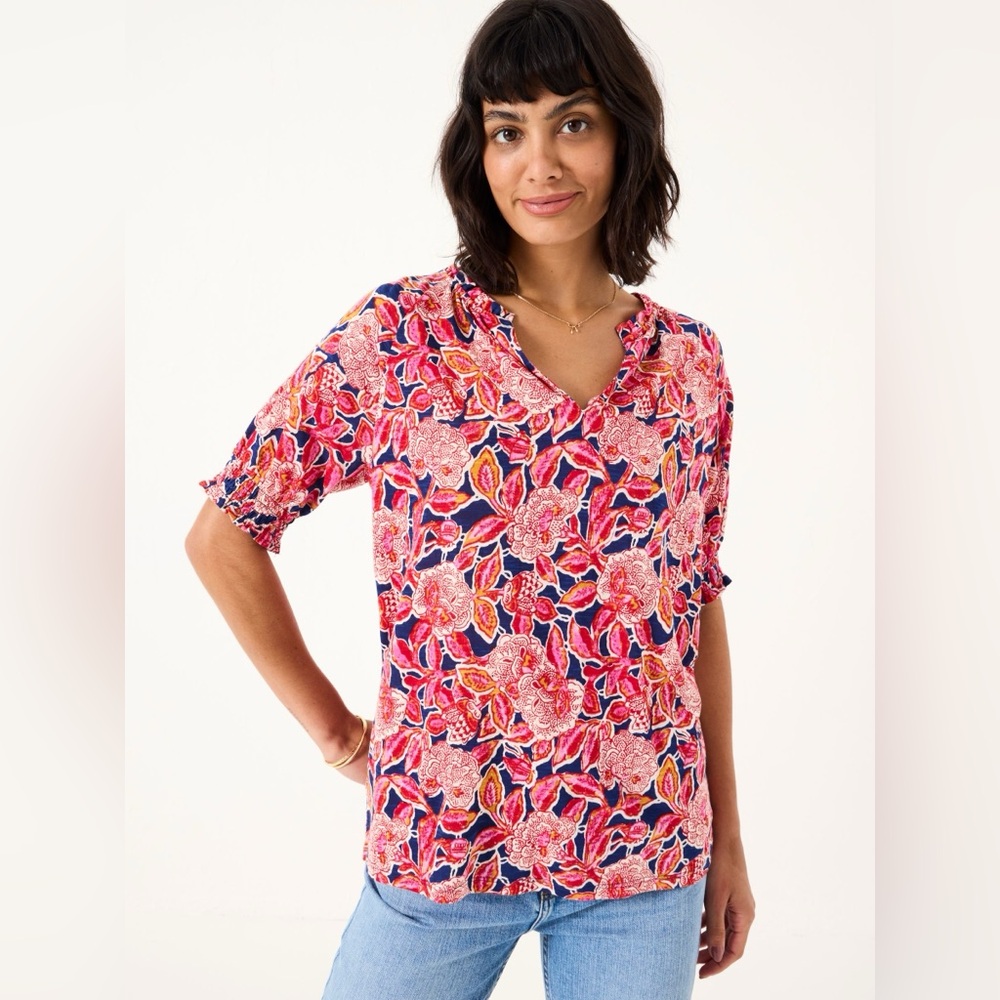 Fat Face Florence Indigo Blue Batik Floral Short Sleeve Top - Picture 9 of 9